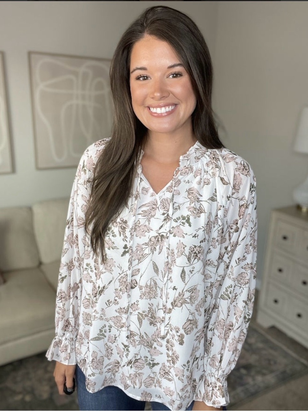 Women's Floral Ruffle Neck Blouse - Pink/White